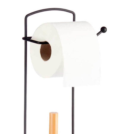 Piantana da Bagno Porta Rotolo Porta Scopino Metallo Nero con bambù Salvaspazio