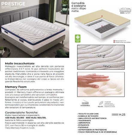 Materasso 800Molle Inzacchettate H25cm 160x190 Sfoderabile SilverCare Memory 5cm