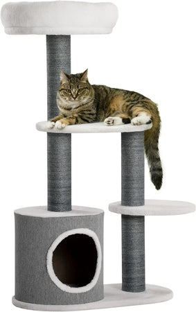 Albero per Gatti, Lettino Casetta e Tira graffi, 55.5x30.5 H 98 cm, Bianco Grigio