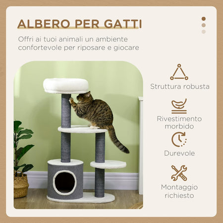 Albero per Gatti, Lettino Casetta e Tira graffi, 55.5x30.5 H 98 cm, Bianco Grigio