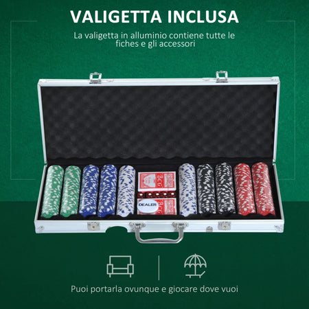 Valigetta Poker Professionale 500 Fiches e 2 Mazzi per Texas hold'em e Blackjack