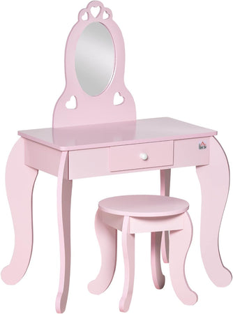 Tavolo Trucco per Bambini, Sgabello in Legno, Toeletta con Specchio 60x36x88cm, (Rosa)