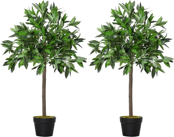 Set di 2 Alberi di Alloro in Vaso di Plastica Altezza 90cm per Interni ed Esterni Verde