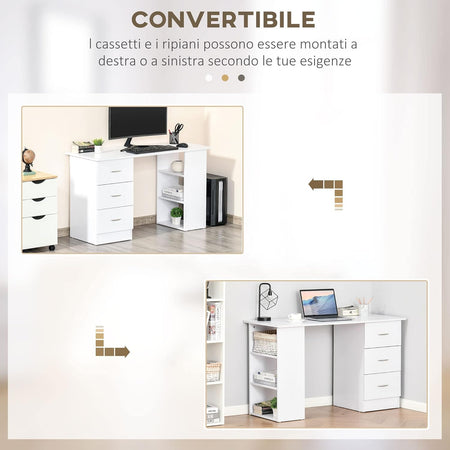 Scrivania Porta PC 3 Cassetti 3Ripiani Camera e Ufficio in Legno 120x49x72cm (Bianco)