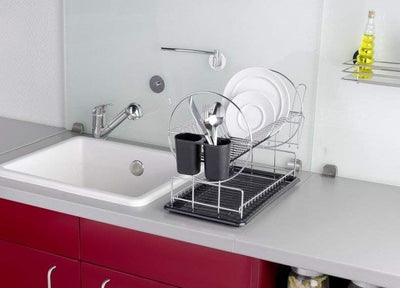 Scolapiatti 2 Ripiani Con Vassoio D'appoggio e Portaposate (51x24x36cm) Cromo