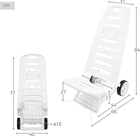Sedia da spiaggia bianca con ruote, leggera, pieghevole, misure 40,6x42x101 cm