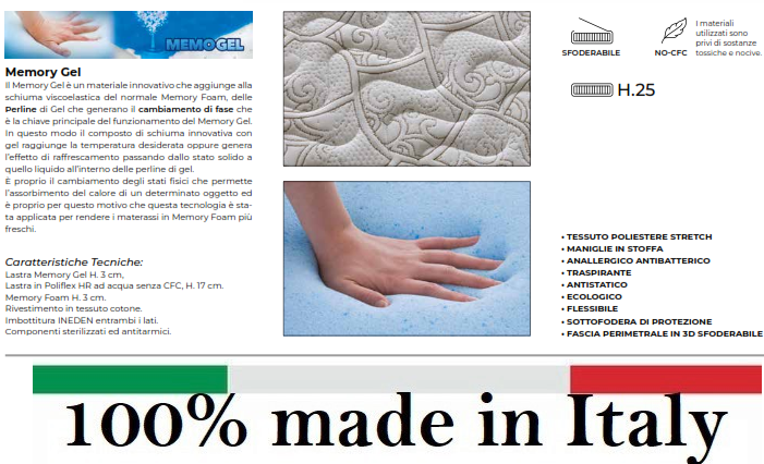 Materasso 3 Strati Sfoderabile Memory Gel, Foam e Poliflex 160x190 cm