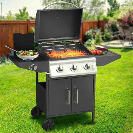 Barbecue a Gas Pietra Lavica 3 Fuochi con Termostato + Fornello e Piano Laterali