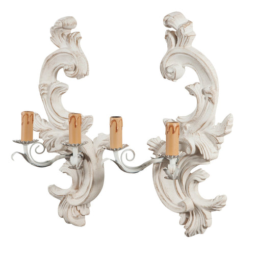 Biscottini Coppia di Lampade Applique Shabby in legno e ferro finitura bianco anticato Made In Italy