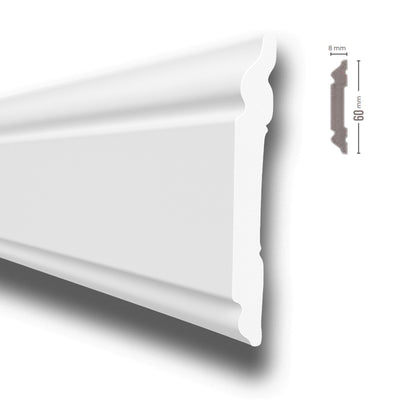 *STOCK FOLLI* Profilo o cornice per boiserie in Polimeri Bianco RAL 9016 verniciabile 60X8mm (Prezzo al metro)