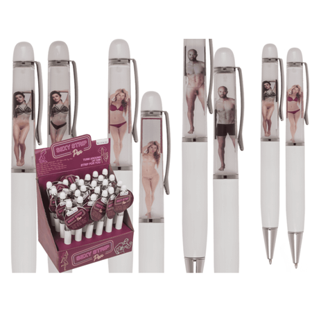 Penna a sfera sexy con donna in intimo che si spoglia