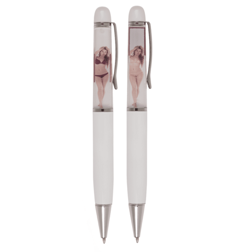 Penna a sfera sexy con donna in intimo che si spoglia