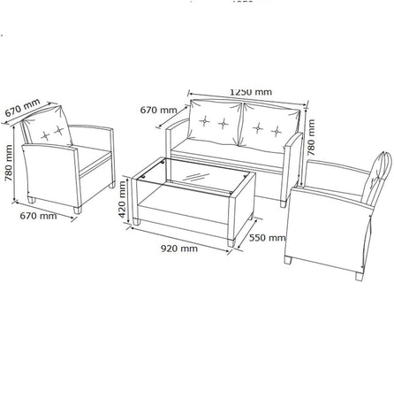Set da Giardino 4pz in Polyrattan 2 Poltrone 1 Tavolino 1 Divano uso Esterno