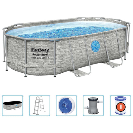 Piscina Power Steel 427x250x100 cm con Scala e Pompa Effetto Rattan Bestway