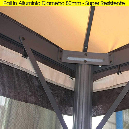 Gazebo Professionale 3X4 mt Alluminio Impermeabile Zanzariera Laterale AntiUV Moka