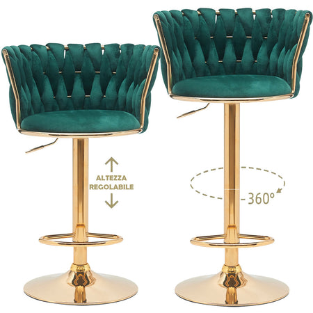 Coppia Sgabelli da Cucina Bar Schienale Intrecciato Velluto e Struttura Oro Verde