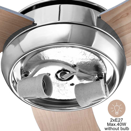 Ventilatore con Telecomando da Soffitto 3Pale Legno Lampada 65watt 122cm Silver