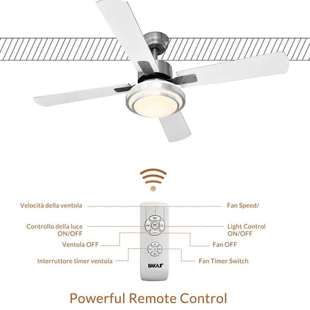 Ventilatore con Telecomando da Soffitto 4 Pale Luce LED  130 cm Bianco