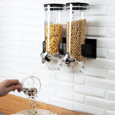 Porta Cereali da Muro 2Posti Dispenser Doppio Distributore Manuale Nero Casa Hotel