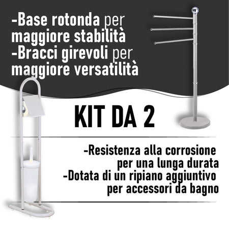 Piantane da Bagno kit 2pz Portarotolo Porta scopino Porta Asciugamani 3 Bracci Grigio