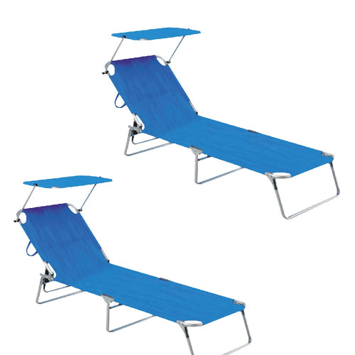 Sdraio Lettino Prendisole Kit da 2pz Blu con Tettuccio Parasole Alluminio Pieghevole