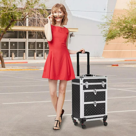 Trolley Lavoro Make up Alluminio Porta Trucco Estetista Beauty 4 Ruote Nero
