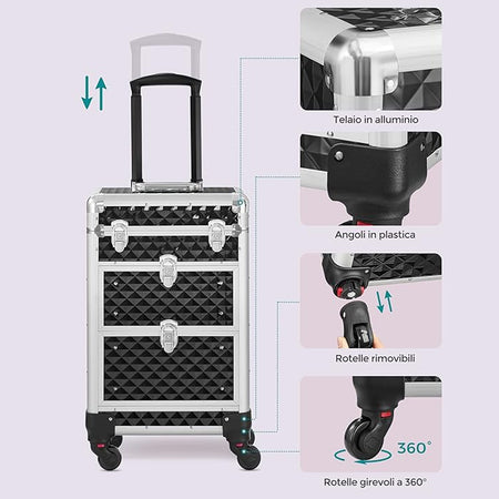 Trolley Lavoro Make up Alluminio Porta Trucco Estetista Beauty 4 Ruote Nero