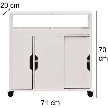 Carrello Portaoggetti Salvaspazio in Legno Bianco con 3Ante e 4Ruote Slim