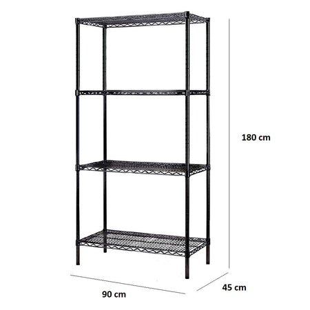 Scaffale in Acciaio Nero 4 Ripiani Multiuso 90x45 H 180 cm Ripiani Regolabili