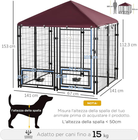 Recinto per Cani Telaio in Acciaio 141x141 H153cm Tetto in Stoffa