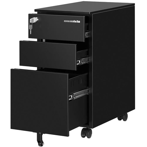 Cassettiera per Scrivania Ufficio Mobiletto per Documenti Chiusura 4Ruote Metallo Nero