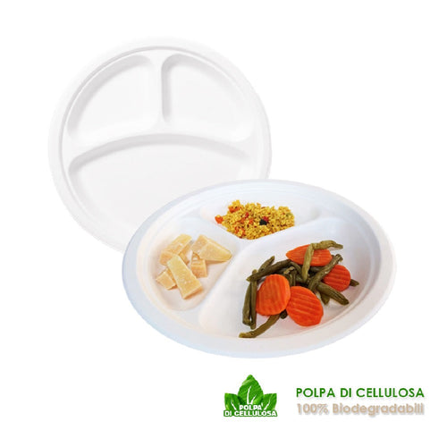Piatti Monouso 3 scomparti 100pz 26cm 100% Biodegradabili Bianco
