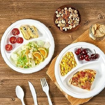 Piatti Monouso 3 scomparti 100pz 26cm 100% Biodegradabili Bianco