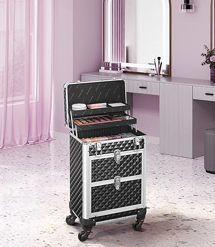 Trolley Lavoro Make up Alluminio Porta Trucco Estetista Beauty 4 Ruote Nero
