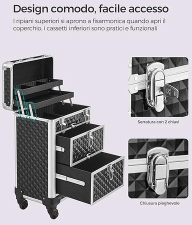 Trolley Lavoro Make up Alluminio Porta Trucco Estetista Beauty 4 Ruote Nero