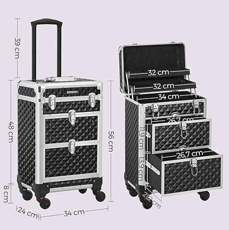 Trolley Lavoro Make up Alluminio Porta Trucco Estetista Beauty 4 Ruote Nero