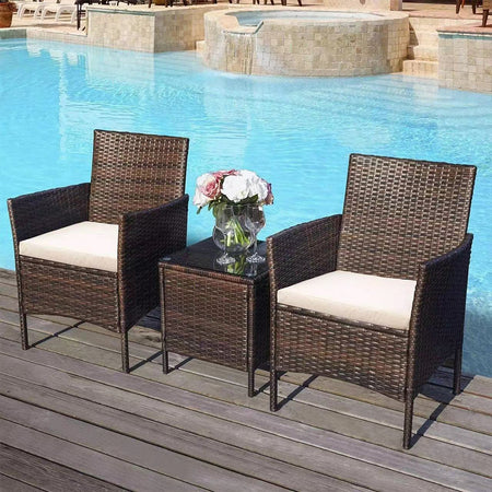 Set da Giardino 2 Poltrone 1 Tavolino Rattan Intrecciato Caffè e Cuscini Beige
