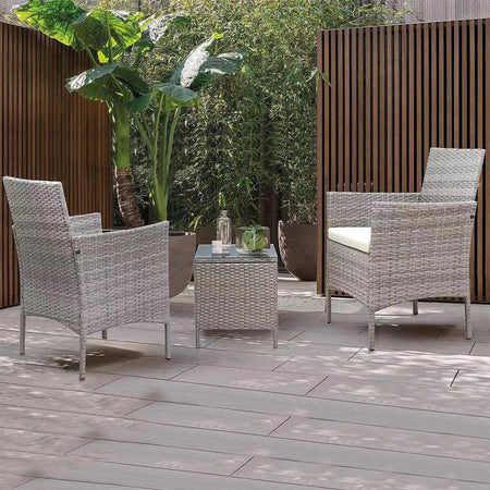 Set da Giardino 2 Poltrone 1 Tavolino Rattan Intrecciato Beige e Cuscini Ecrù
