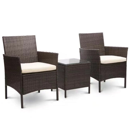 Set da Giardino 2 Poltrone 1 Tavolino Rattan Intrecciato Caffè e Cuscini Beige