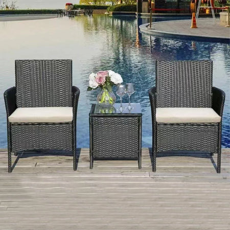 Set da Giardino 2 Poltrone 1 Tavolino Rattan Intrecciato Grigio e Cuscini Beige