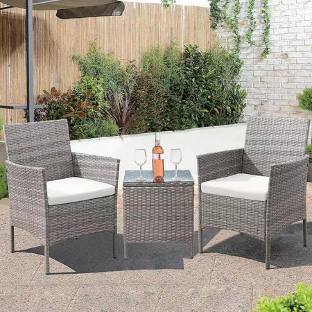 Set da Giardino 2 Poltrone 1 Tavolino Rattan Intrecciato Beige e Cuscini Ecrù