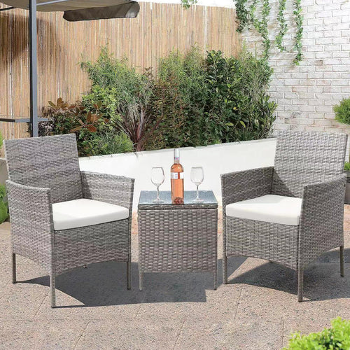 Set da Giardino 2 Poltrone 1 Tavolino Rattan Intrecciato Beige e Cuscini Ecrù