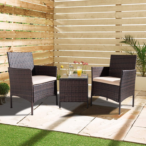 Set da Giardino 2 Poltrone 1 Tavolino Rattan Intrecciato Caffè e Cuscini Beige