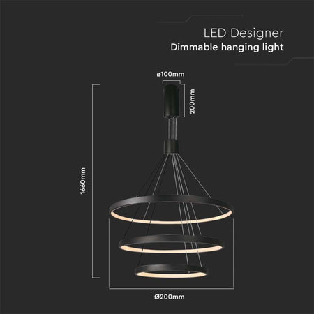 Lampadario LED a Sospensione con 3 Cerchi 46W in Metallo Colore Nero Dimmerabile 40x60x80x150cm 3000K