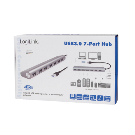 LogiLink UA0308 hub di interfaccia USB 3.2 Gen 1 [3.1 Gen 1] Type-A 5000 Mbit/s Grigio (USB 3.0 Hub, 7-port, - aluminum, grey - Warranty: 48M)