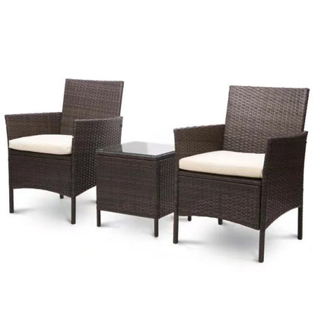 Set da Giardino 2 Poltrone 1 Tavolino Rattan Intrecciato Caffè e Cuscini Beige