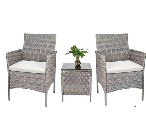 Set da Giardino 2 Poltrone 1 Tavolino Rattan Intrecciato Beige e Cuscini Ecrù