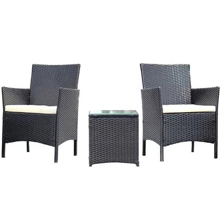 Set da Giardino 2 Poltrone 1 Tavolino Rattan Intrecciato Grigio e Cuscini Beige