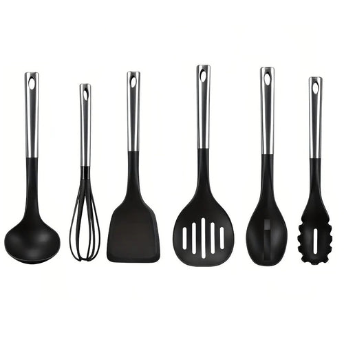 Utensili da Cucina 6pz in Acciaio e Nylon Non Graffiano Antiaderenti Nero Cromo