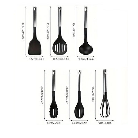 Utensili da Cucina 6pz in Acciaio e Nylon Non Graffiano Antiaderenti Nero Cromo